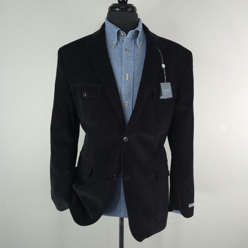 Madison Blazer‎ Mens 44R Black Corduroy Modern Fit Utility Sport Coat Jacket